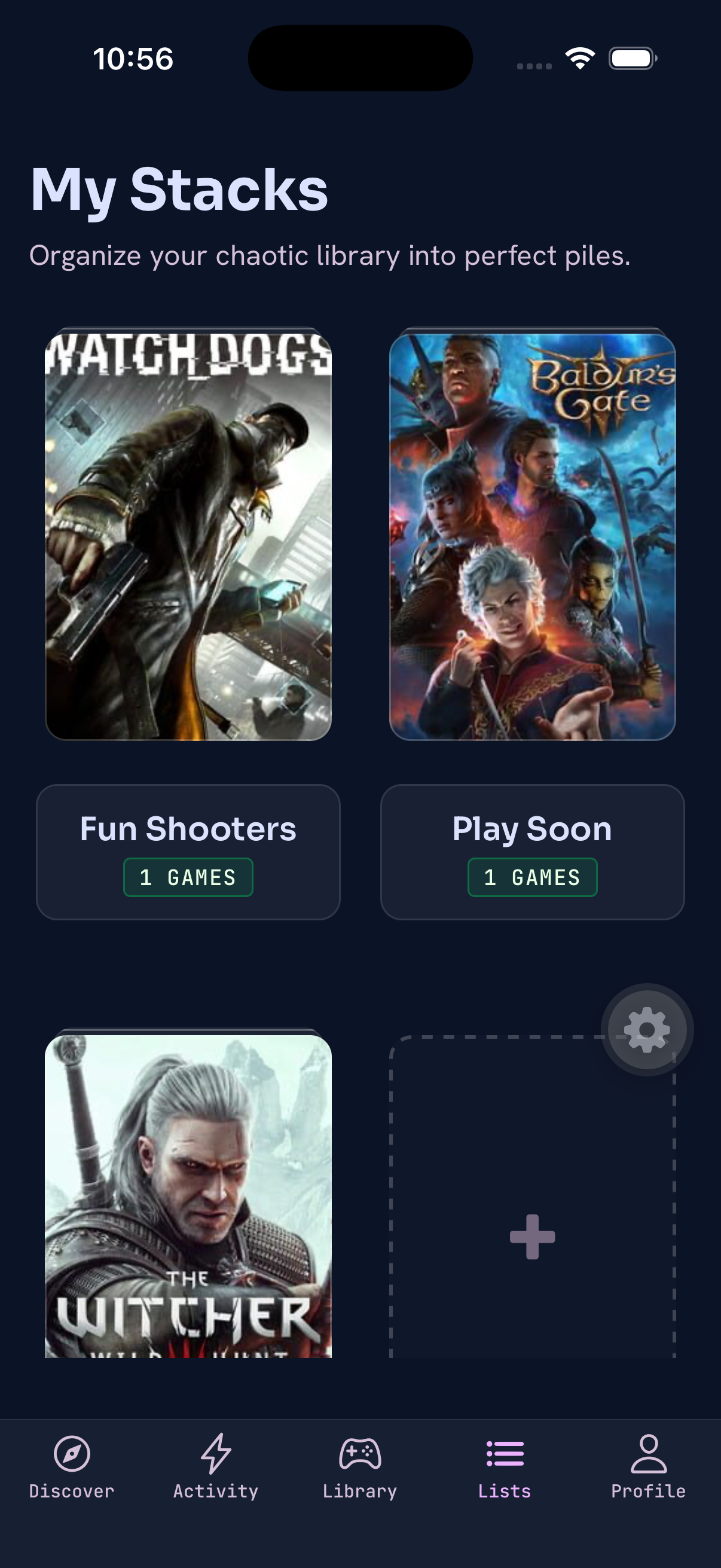 Gameroster app screen showing organized game stacks